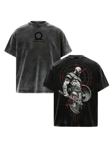Kratos God of War Vintage Washed Shirt – Oversized Unisex Cotton T-Shirt, Double-Sided Heavyweight Graphic Tee, Greek Mythology Warrior Streetwear Apparel Menswear Top Man Tshirt Tropical Crewneck Shortsleeve Love  Biker