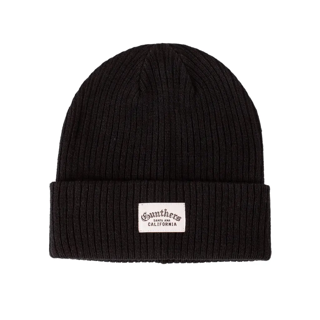 Gunthers Co Barrio Ribbed Knit Beanie - Unisex Warm Winter Black Hat with California Patch, Snug Fit, Knit Hat
