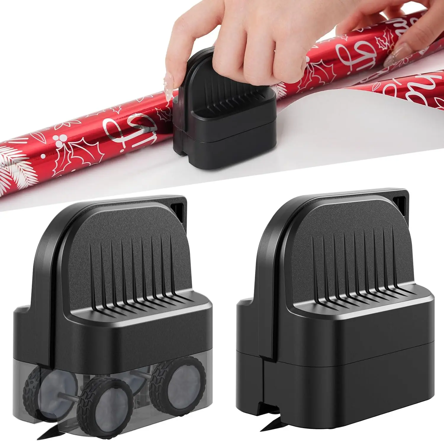 2Pcs Wrapping Paper Cutter with 2 Replaceable Blades, 4 Wheels Compact Black Gift Wrap Cutter Tool