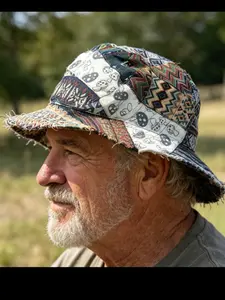 Vintage Multicolor Patchwork Mushroom Bucket Hat with Hidden Pocket, Wide Brim Sun Protection, Lightweight Breathable Polyester, Unisex Outdoor Hat, Vintage Fashion Hat