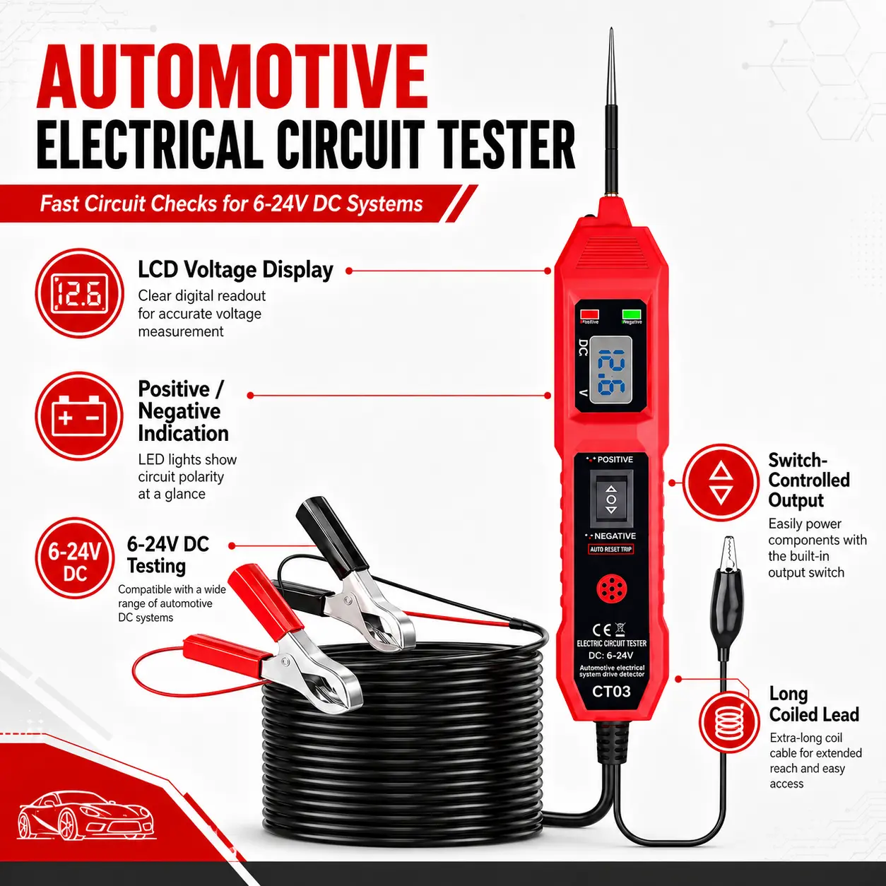 CT03 Automotive Circuit Tester, 6–24V Digital Voltage Test Probe with Polarity Check, 3.9 m Long Cable, Battery Clips and LED Indicators for Car Wiring and Electrical Diagnostics   Diagnostic Tools