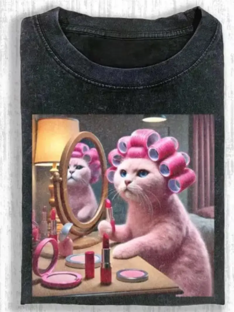 Funny Pink Cat Wearing Pink Hair Rollers Doing Makeup Graphic Tee Women Vintage Acid Wash Coquette Cat Mom Makeup Lover T Shirt Casual Summer Top