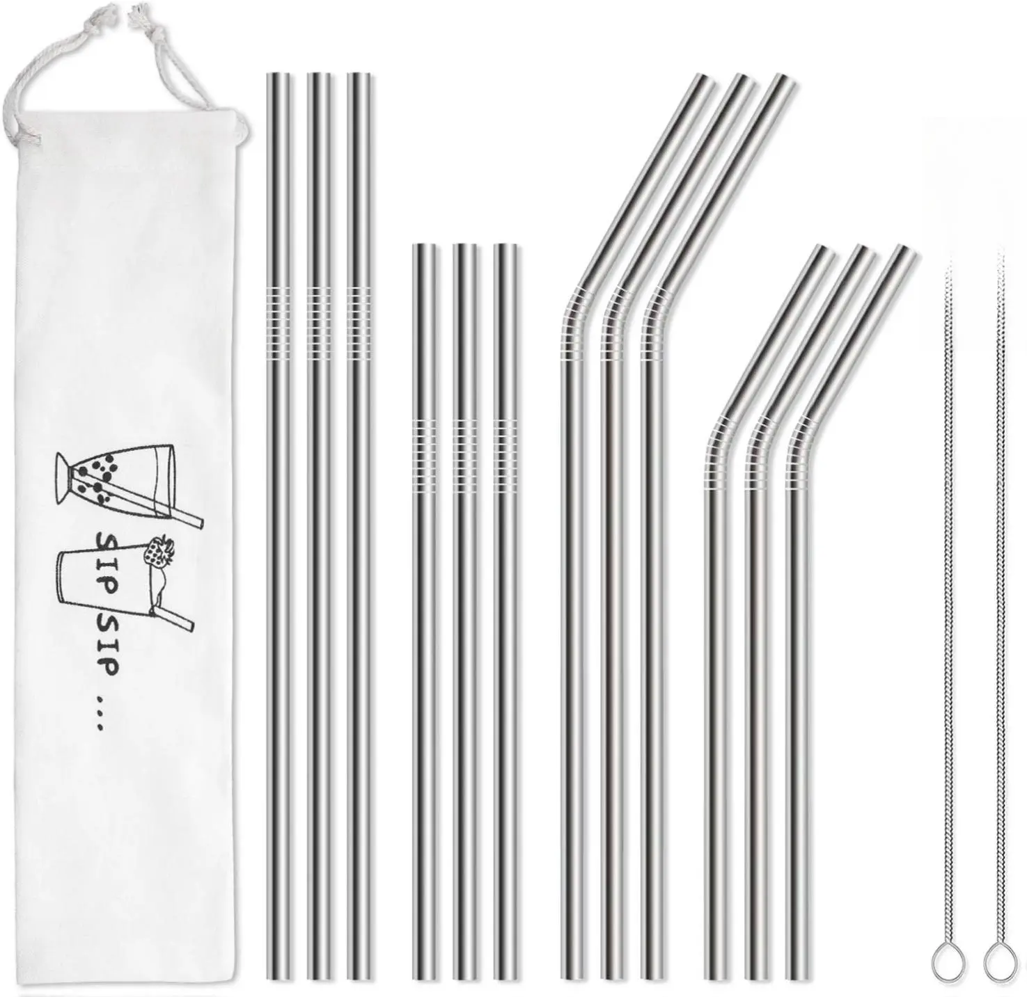 12-Pack Reusable Stainless Steel Straw Utensils with Handles, Portable Case, 2 Cleaning Brushes (Cleaning Tool), Long for 20 oz & 30 oz Tumblers, Dishwasher Safe, Ideal for Hiking & Trips, Reusable Straws
