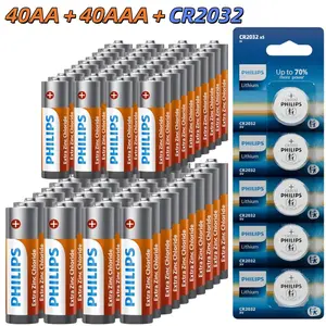 Genuine Philips 40AA 40AAA Carbon Zinc Batteries + 5 CR2032 Coin Battery Bulk Pack, Stable 1.5V/3V Power, Leak Resistant for Home, Office & Car Use