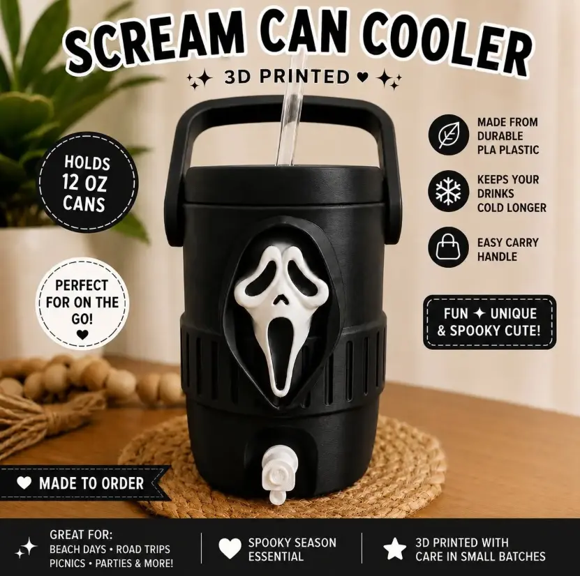 Scream Can Cooler 3D Printed Holds 12 Oz Cans Made from Durable PLA Plastic Perfect for Beach Days Road Trips Parties and More Spooky Season Essential