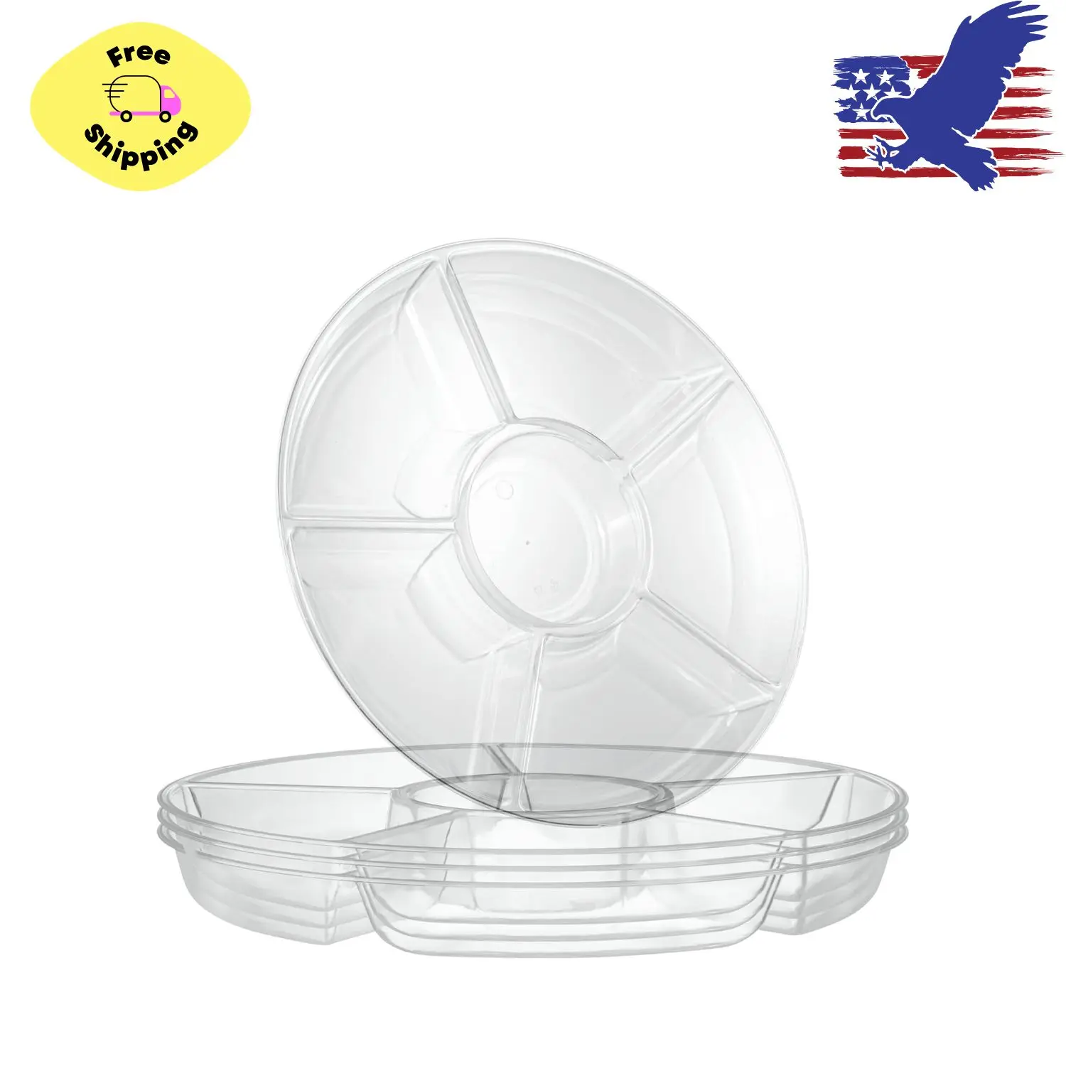 6 Sectional Round Plastic Serving Tray/Platters Clear Pack of 2