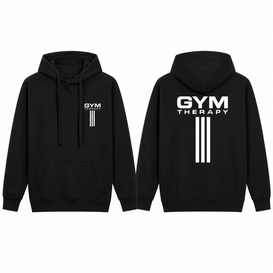 Gym Therapy Front And Back Print Hoodie Unisex Long Sleeve Pullover Sweatshirt For Fitness Weightlifting Enthusiasts Casual Athletic Streetwear Clothing