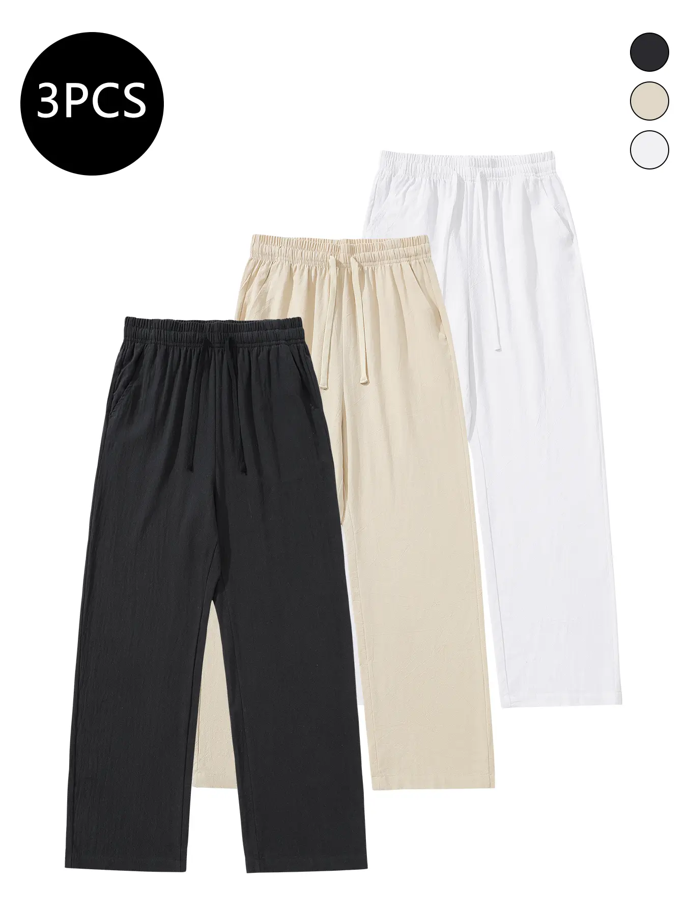 3-Pack Men’s Summer Linen/Cotton Straight-Leg Pants — Casual, Loose Fit, Versatile, Trendy Long Pants for Men