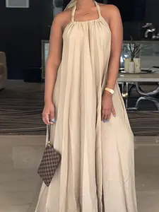 Women's Plus Size Solid Color Apricot Summer Strapless Dress, Casual Wear French Elegance Vintage Waist Cinching Slimming Office Beach Vacation Long Dress