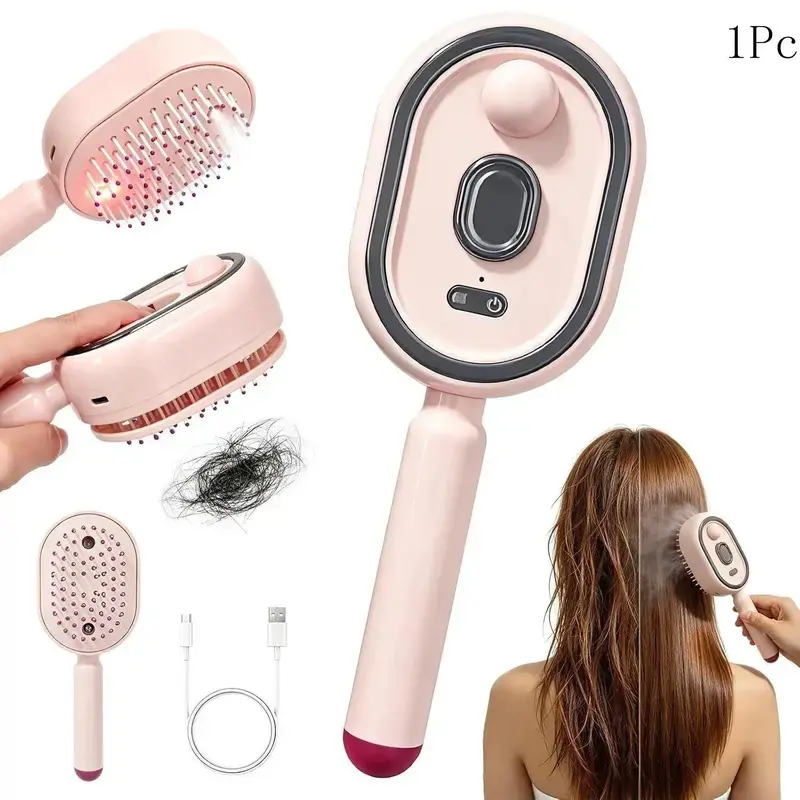 Pink Rechargeable Electric Steam Brush with Hydrating Mist, Air Cushion Comb with Red Light Therapy & Rubber Bristles for Frizz Control, Detangling, Smoothness (All Hair Types, 1 Unit)