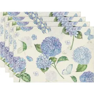 Hydrangea Butterfly Spring Placemats Set of 4, 12x18 Inch Seasonal Summer Holiday Table Mats for Party Kitchen Dining Decoration