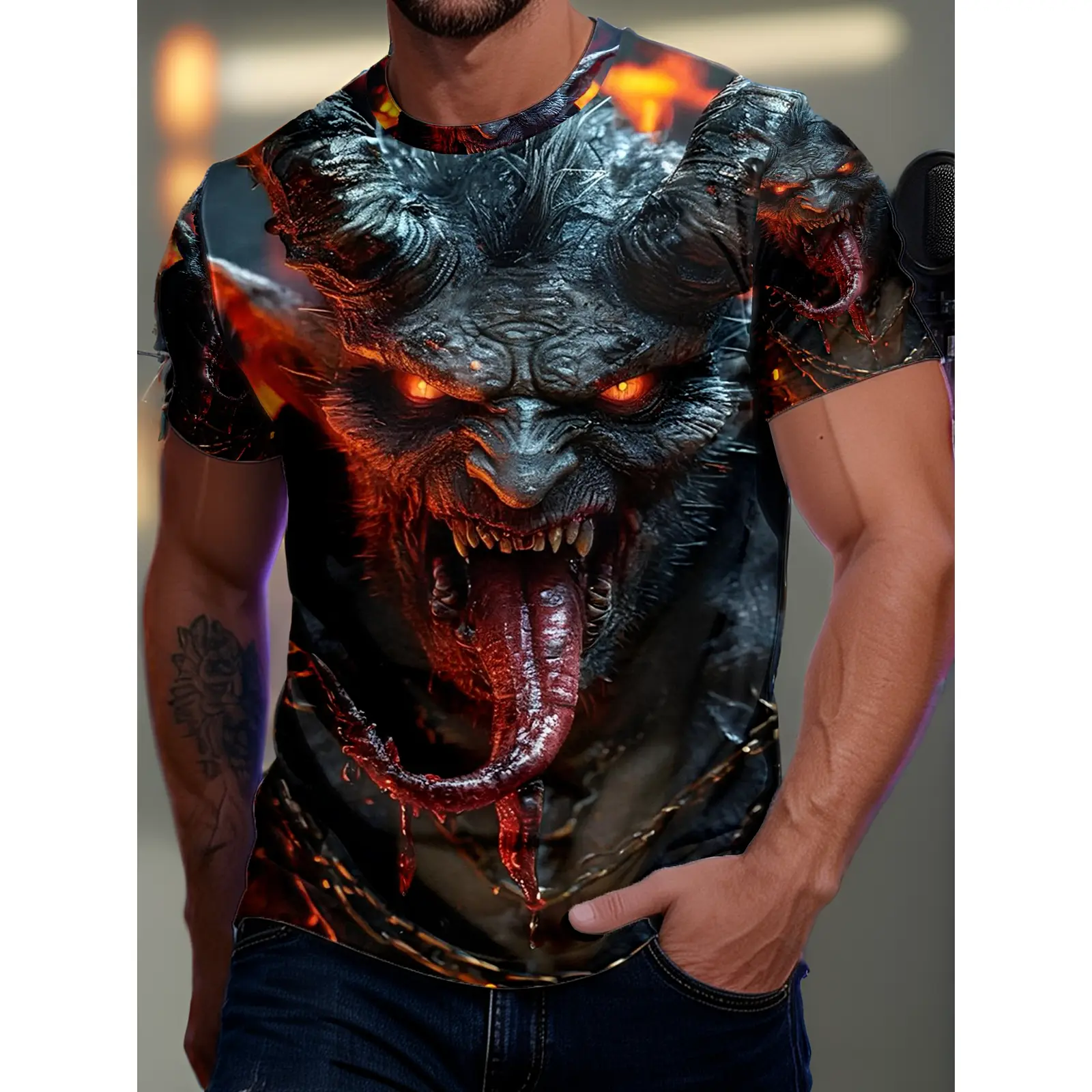 1pc Demon Flame Chainmail Summer Trendy Sports Short Sleeve Top T-Shirt Fashion Casual Style Casual Daily Style Fashion Clothing As a Gift, Plus Size