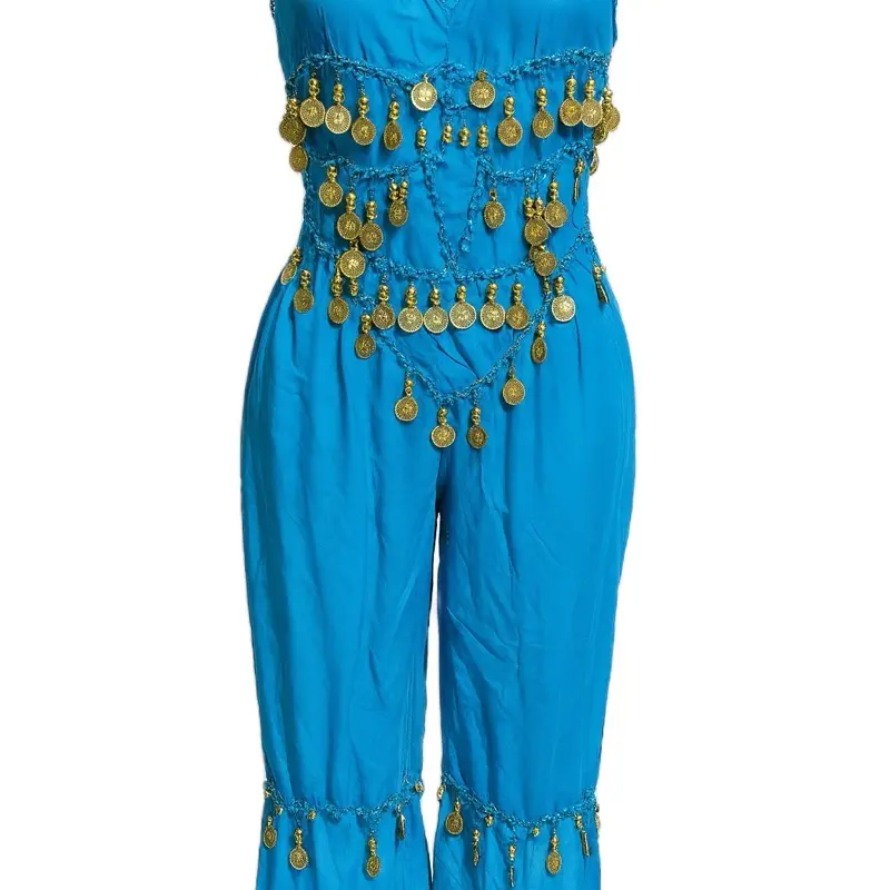 LOOK #1 Blue Halter Belly Dance Jumpsuit with Gold Coins for Women's Dancewear