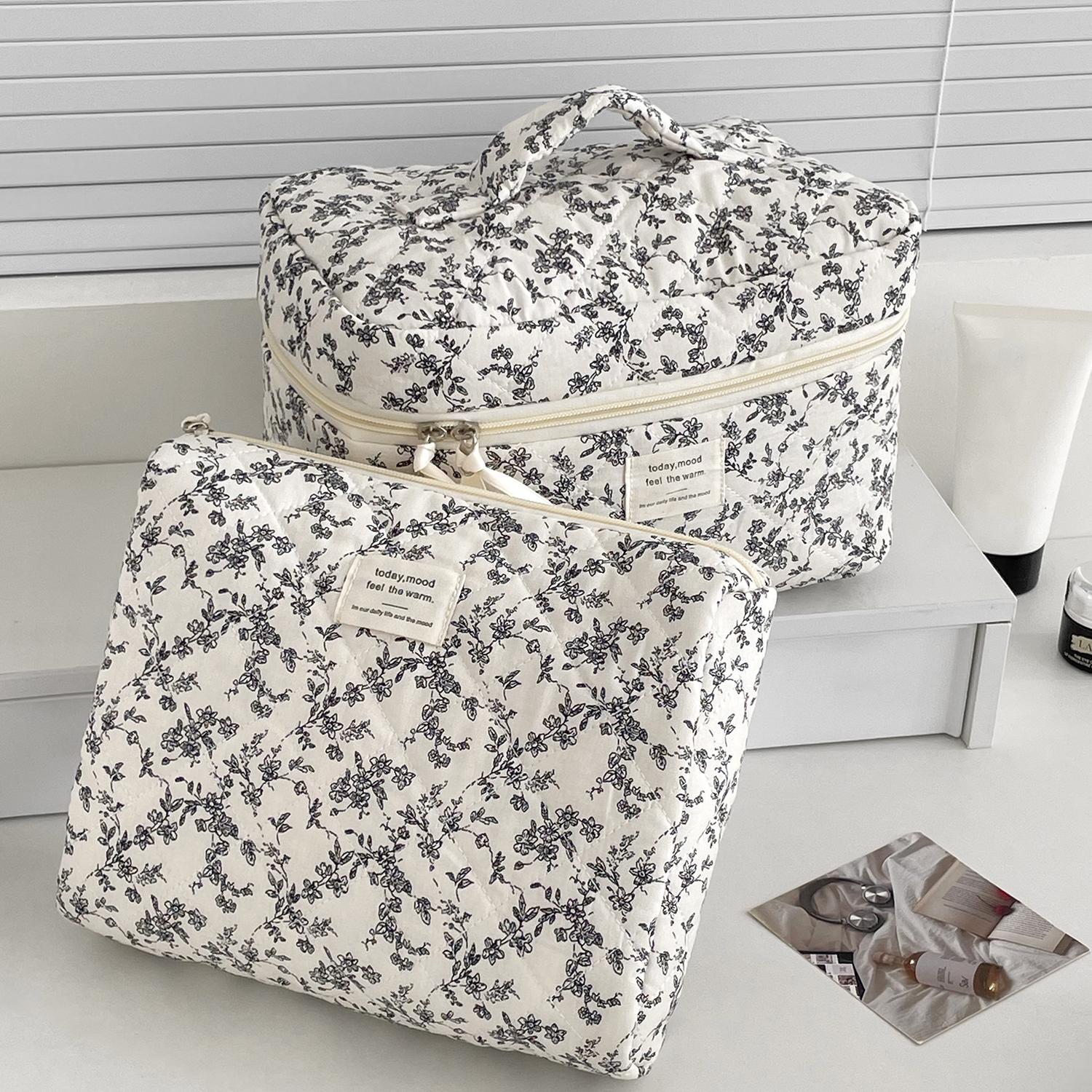 Retro black floral patchwork makeup bag set, 4 pieces — girly coquette travel storage bags