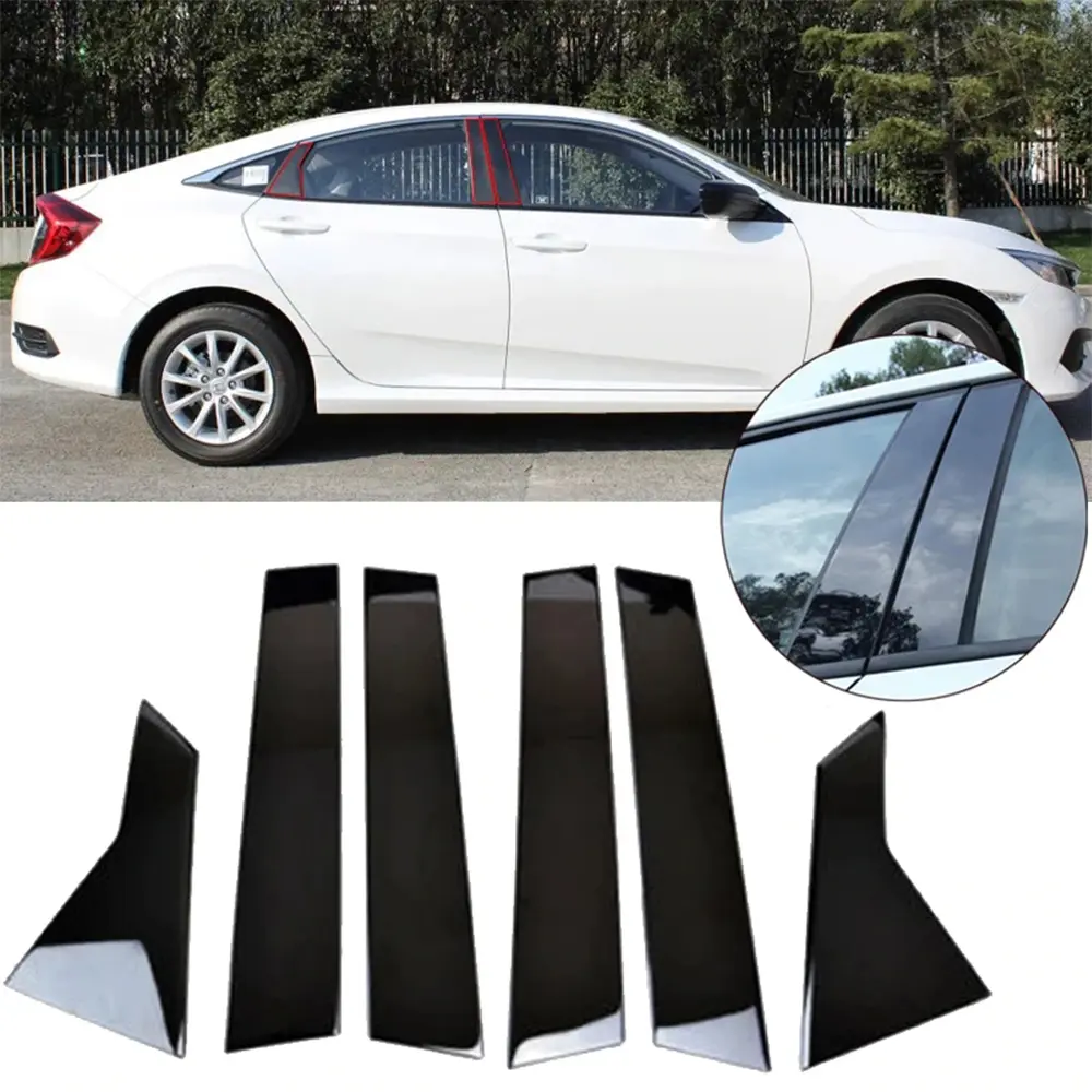 Glossy Black Door Window Pillar Posts Cover Trim (6pcs) with UV Coating & ABS Finish, Fitment for Honda Civic 10th Gen Sedan 2016-2020, Car Exterior Door Protection & Vehicle Protection Accessory