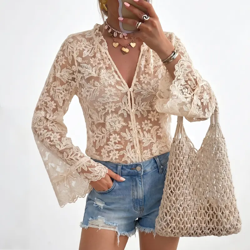 Chicovar Women's Floral Lace Sheer Blouse, Long Sleeve Button Front Mesh Top with Drawstring Cuffs, Lightweight Romantic Overlay Shirt,Perfect for Date Night, Party, Casual, or Vacation, Summervibes