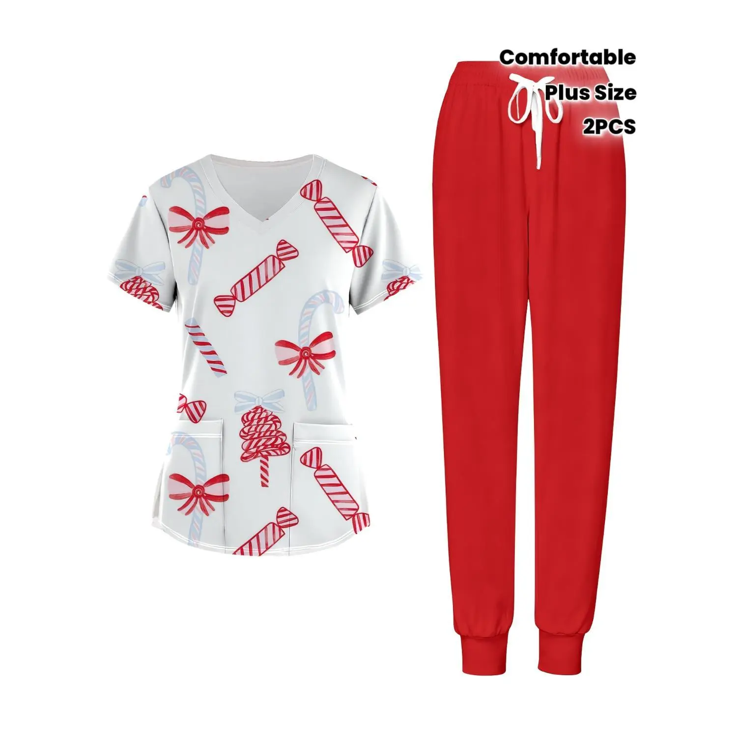 Christmas Candy Cane Print Plus Size Nurse Scrubs Set - V-Neck Top & Red Jogger Pants - Holiday Workwear for Healthcare Professionals - Comfortable & Ideal Gift