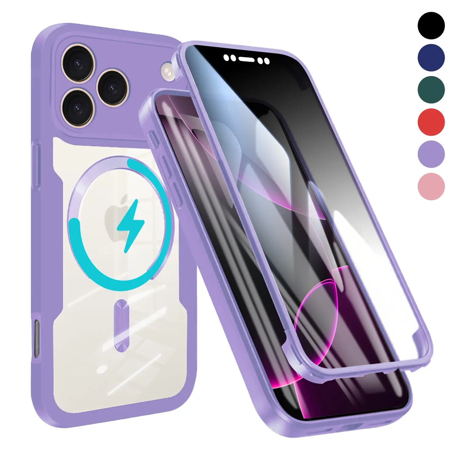 For iPhone 17 16 15 14 13 Pro Max with Built in Screen Protector Cover Magnetic 360° Full Coverage Case | Rugged Hybrid Silicone Bumper, Transparent Back, Shockproof & Anti-Drop Protective Phone Cover