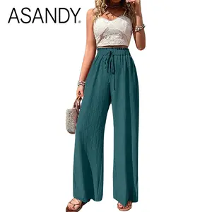 ASANDY Women's High Waist Drawstring Wide Leg Pants Textured Elastic Waist Casual Trousers Solid Color Breathable Summer Style Perfect For Vacation Beach Daily Wear & Streetwear Looks