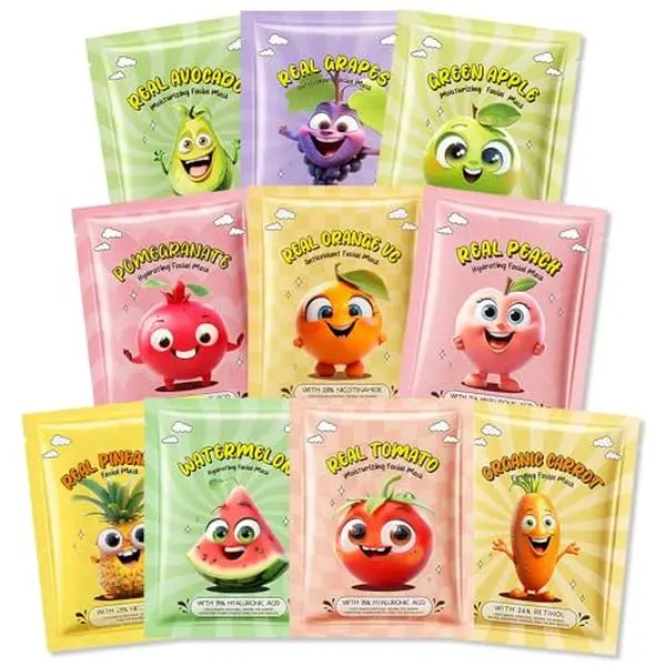 10 Pack Fruit Face Masks for Kids, Kids Face Mask Spa Day Kit Supplies, Spa Party Favors for Teens Girls Women, Sheet Facial Mask Skincare Gifts Set, Moisturize Soothe for All Skin Types, 01