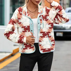 Fiery Red Western Aztec Buttoned Zipper Pockets Fleece Jacket