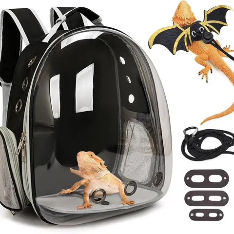 kathson Bearded Dragon Carrier with Harness and Leash Set, Large Reptile Travel Carrier Portable Lizard Backpack Clear Small Animals Carrying Bag for Gecko Hamster Rabbit Hedgehog Kitten (Black)
