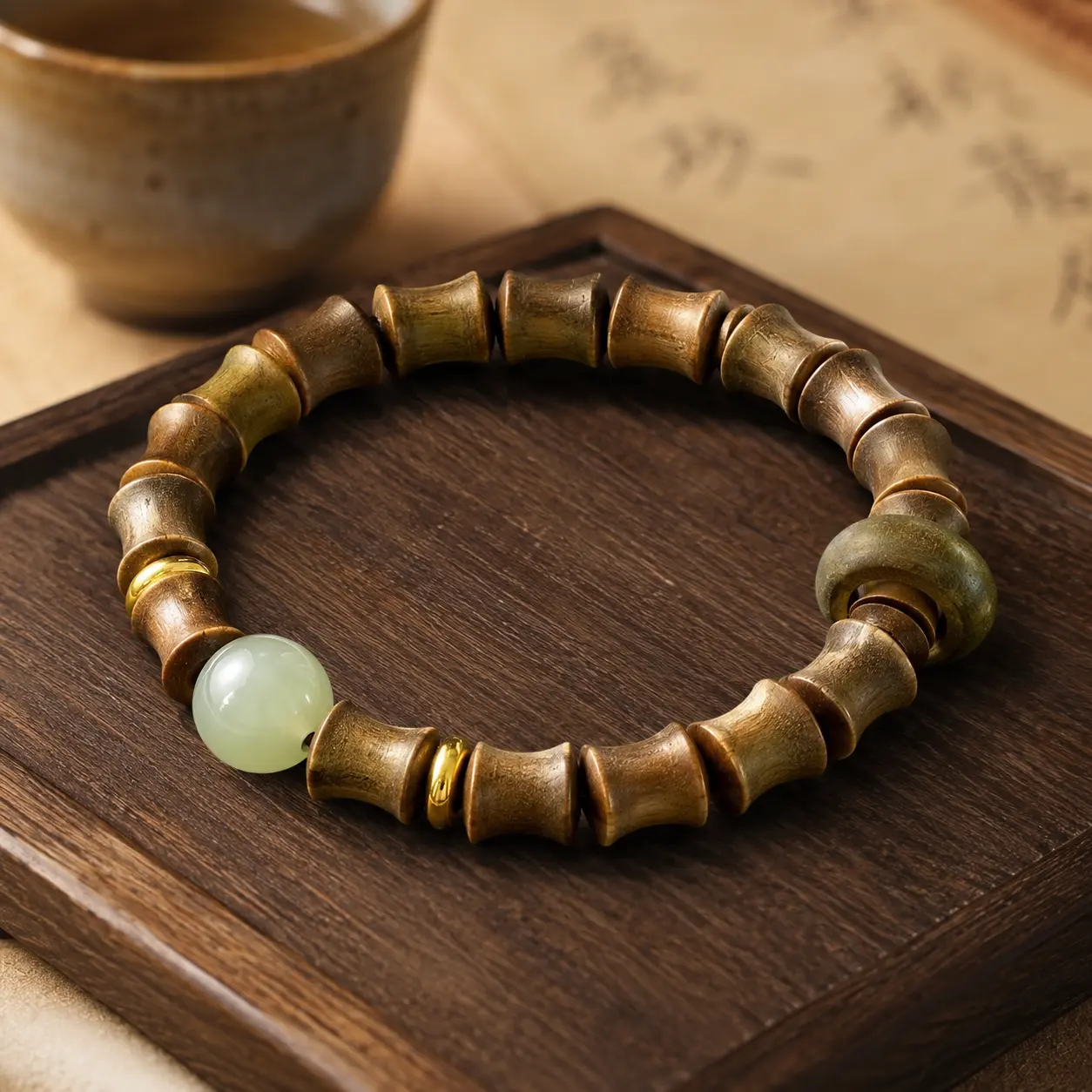 Wudang Inspired High Quality Exquisite Green Sandalwood Bamboo Bead Bracelet with Jade Accent - Blessed Lucky Energy Bracelets & Bangles for Daily Wear Spiritual Jewelry Gift, Exquisite Bracelet