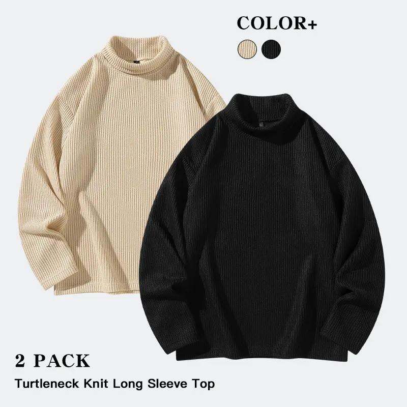 Men 2Pcs Everyday Vertical Ribbed Turtleneck Knit Tops Slim Casual Shirts For Casual Meetups And Cool Winter Evening Outings
