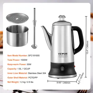 VEVOR 12-Cup Electric Percolator Coffee Pot, 304 Stainless Steel Coffee Percolator with Keep Warm Function Heat-Resistant Handle, Classic Coffee Maker, Quick Brew Easy-Pour Spout, Silver