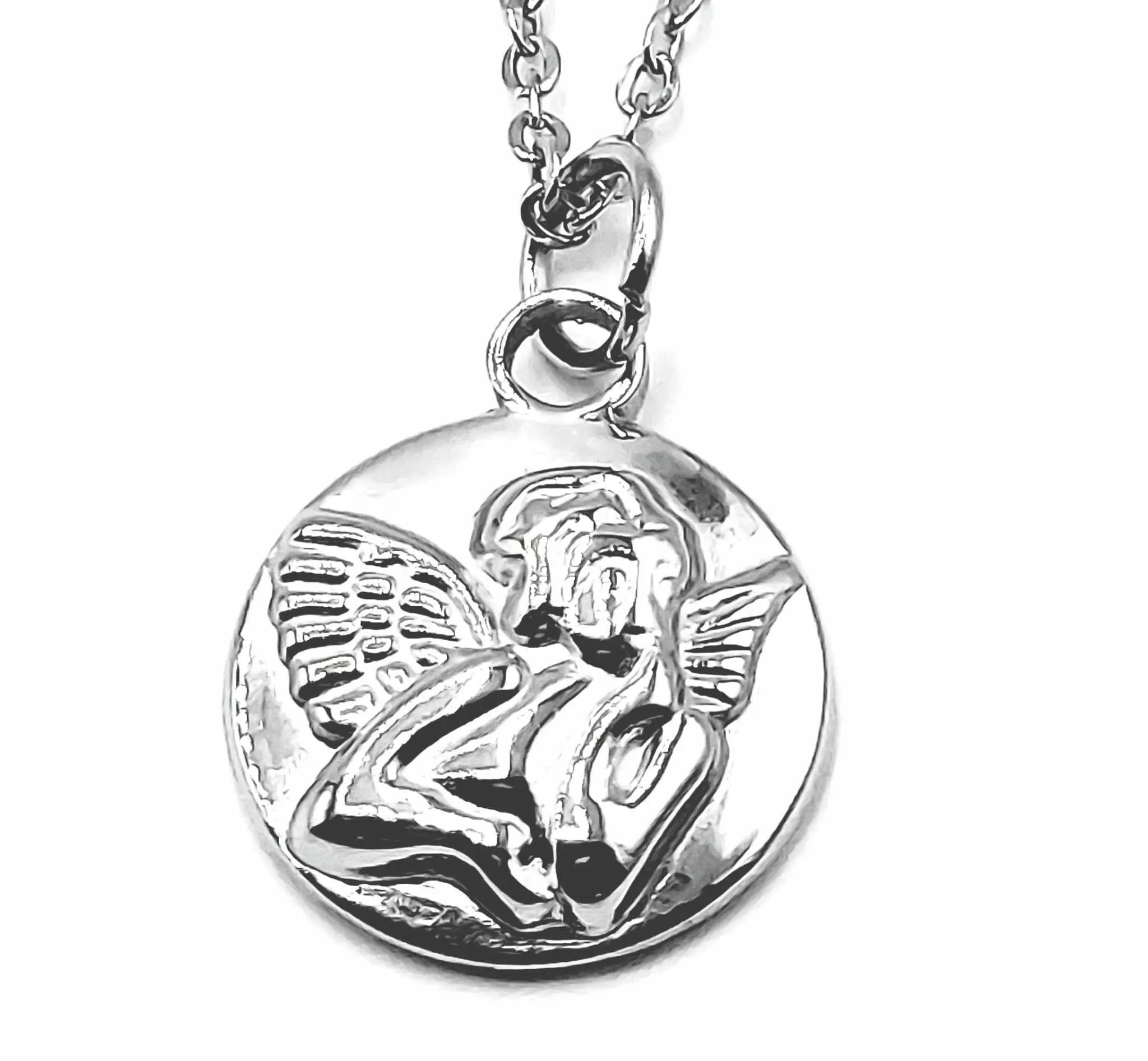 Small Cherub Medallion Stainless Steel Necklace  - Hand Assembled in USA - 18" Chain