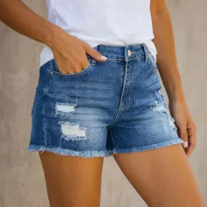 Women's High Waisted Distressed Denim Shorts Casual Ripped Frayed Hem Jean Shorts with Pockets for Summer