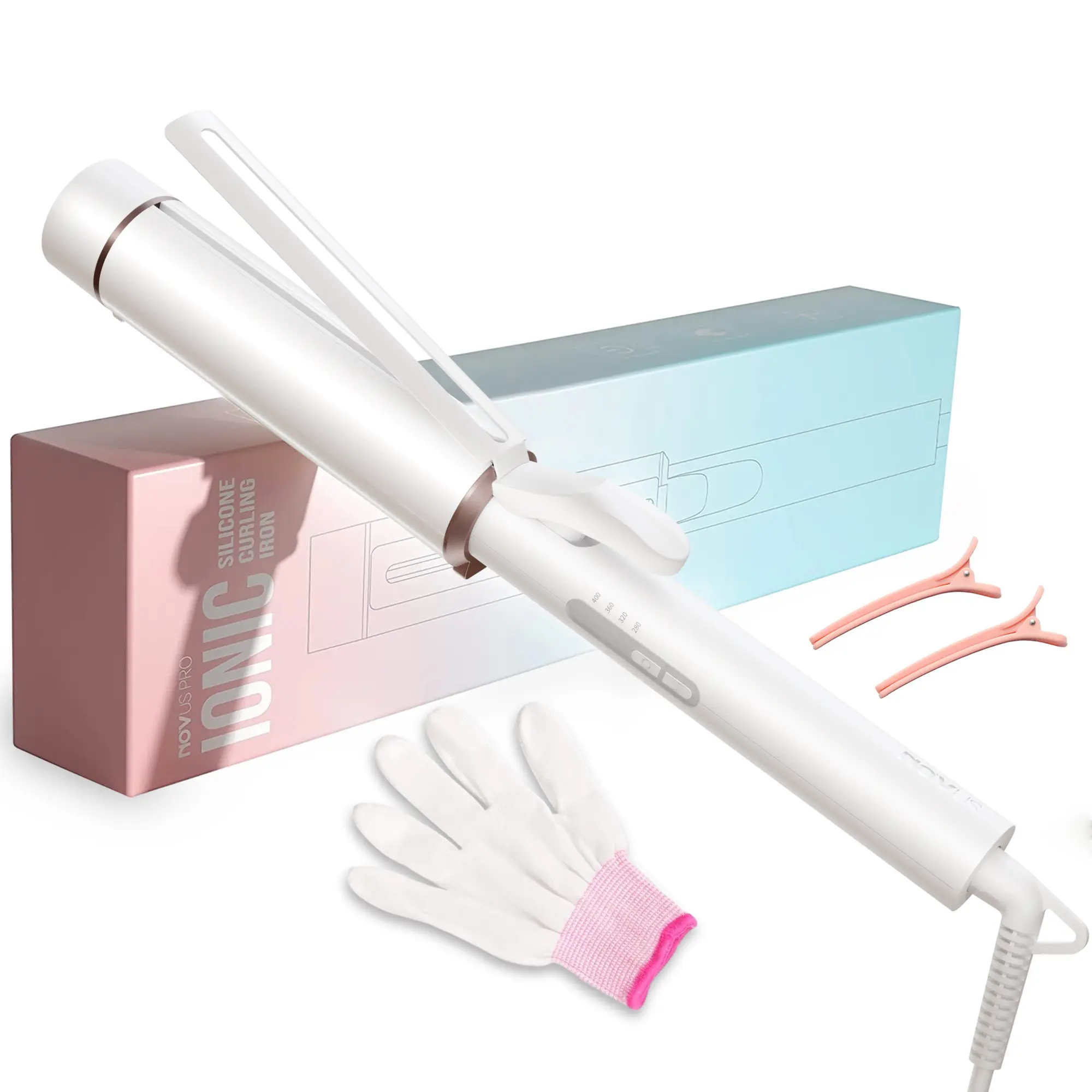 NOVUS Curling Iron  1 1/2 Inch, Large Barrel Curling Wand for Long Hair, 40000000 Negative Ions Adjustable White/Pink Curler