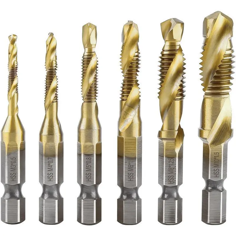 6-Count M2 Drill Bits Kit with Ultra TiAlN Coating, Lightweight and Durable, M3-M10 Tap Drill for 1-Step Drilling, Tapping & Deburring, Suitable for Sheet Metal, Brass, 1/4-20nc Compatibility