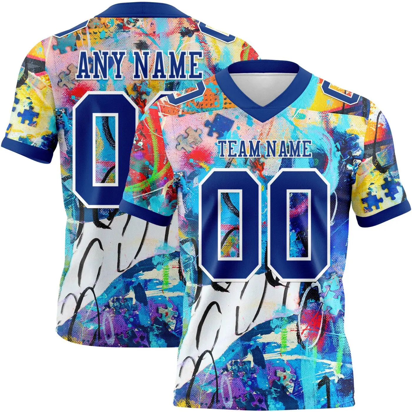 Custom Graffiti Pattern Royal-White 3D Football Jersey - Authentic Design for Sport Enthusiasts