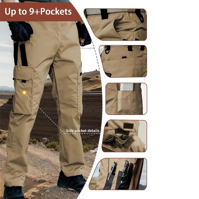 Men's durable outdoor training pants, men's multi-pocket work pants, men's solid color and printed pocket zipper waterproof tactical cargo pants without belt, regular fit sports pocket durable autumn pants.