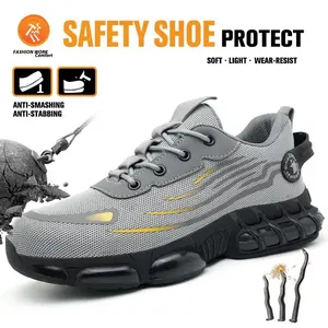 Men's Breathable Mesh Work Sneakers Durable Anti-Slip Safety Shoes with Steel Toe Protection Casual Striped Design Lace-up Closure Anti-Slip EVA Sole Black Boy Steel Toe Shoes