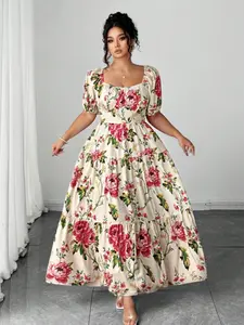 Elegant Plus Size Women Dress, Square Neck Bubble Sleeve, Rose Floral Pattern, Long A-Line Skirt, Perfect for Weddings and Vacations