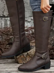 Women's Fashionable Solid Color Side Zipper Boots, Retro Fashionable Knee High Boots for Daily Wear, Comfortable and Stylish Pointed Toe Boots for Women