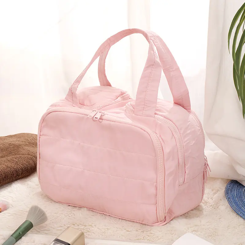 Women's Large Capacity Waterproof Travel Cosmetic Bag - Top-Open, Multi-Pocket Compartmentalized Cosmetics Organizer with Double Handles, Mesh Pocket Access, Portable Home Supplies Storage for Skincare, Accessories (Pink, Blue, Black)