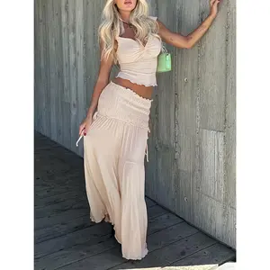 Women's Summer Two Piece Lettuce Edge Off Shoulder Top And Pleated Maxi Skirt Set, Suitable for Street Fashion, Ruffled Skirt Two Piece Set