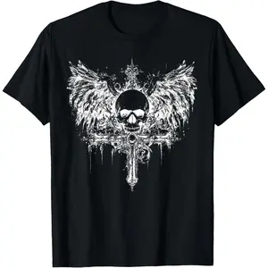 Casual Cotton shortsleeve tees Emo Y2K Skull Cross Dark Grunge Aesthetic Goth Gothic Black T-Shirt Casual Cotton shortsleeve tees Emo Y2K Skull Cross Dark Grunge Aesthetic Goth Gothic Black T-Shirt