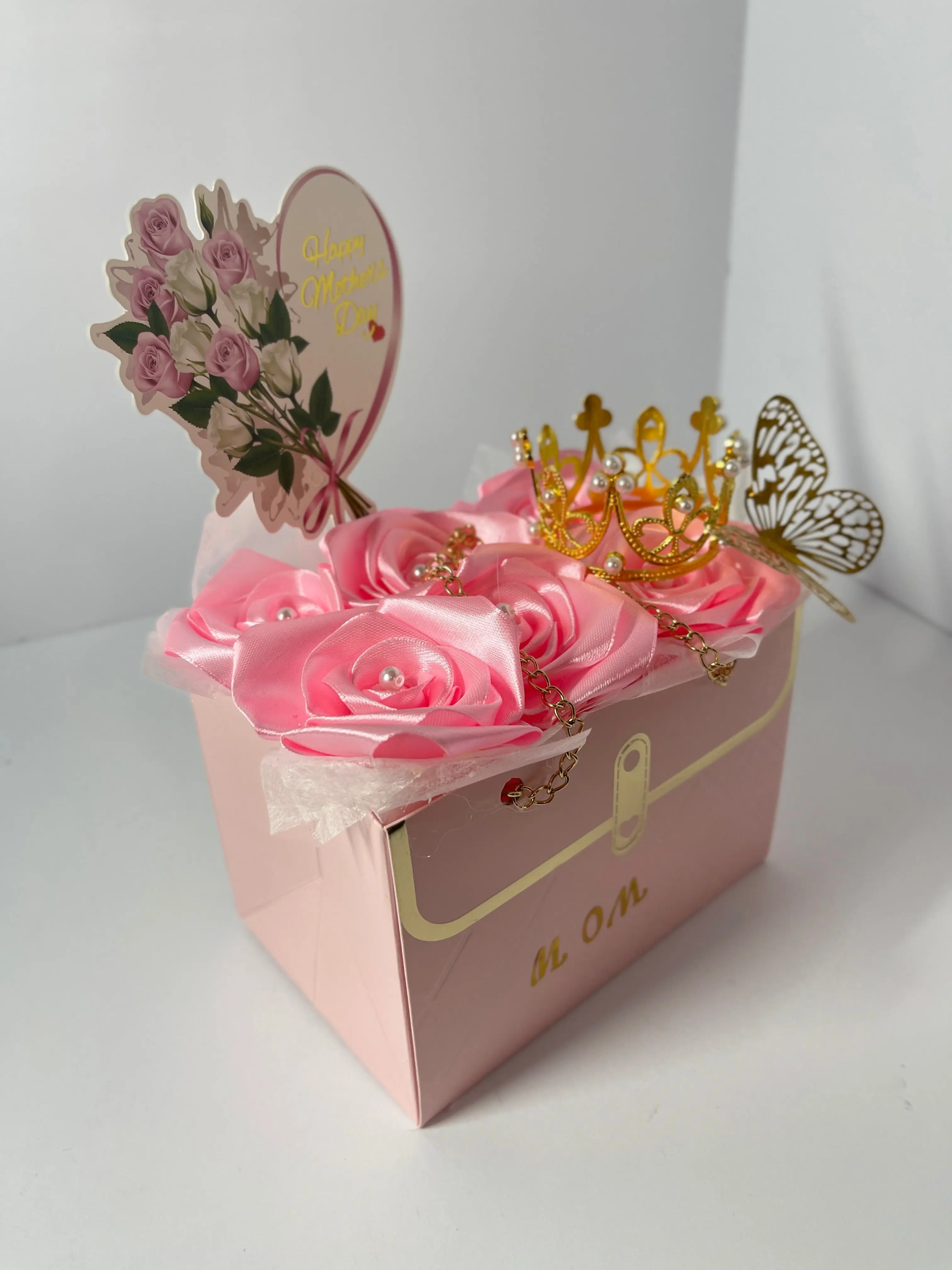 "Eternal Beauty" Satin Rose Gift Box Mother's Day Edition Handcrafted Roses with Pearl Centers in Elegant MOM Themed Box with Gold Crown and Butterfly Accent