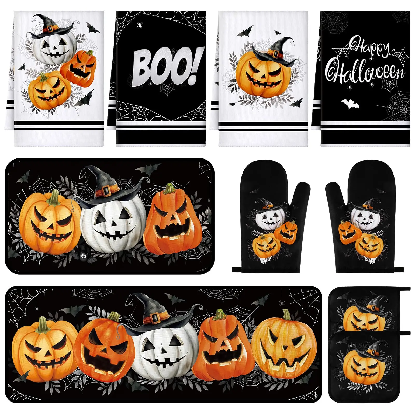 10/12 Pcs Vintage Halloween Kitchen Decor Sets Pumpkin Fall Halloween Gift Boo Basket Oven Mittens Classic Skeleton/Ghost Pumpkin Gloves Microfiber Dish Towels Heat Resistant Witch Pot Holders Cooking Bakeware Accessories for Gifts Cooking Accessories