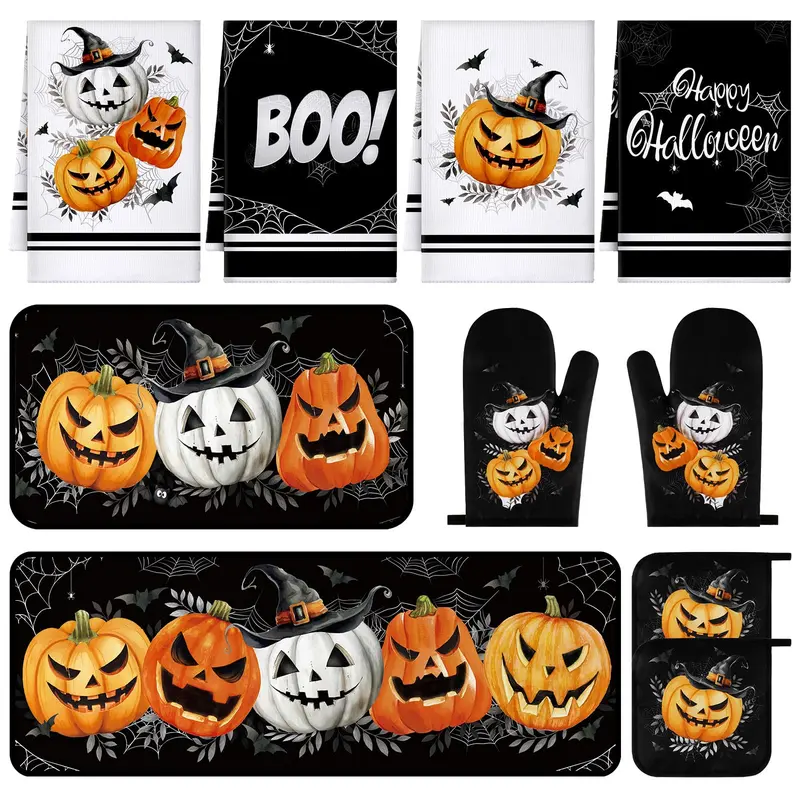 10/12 Pcs Vintage Halloween Kitchen Decor Sets Pumpkin Fall Halloween Gift Boo Basket Oven Mittens Classic Skeleton/Ghost Pumpkin Gloves Microfiber Dish Towels Heat Resistant Witch Pot Holders Cooking Bakeware Accessories for Gifts Cooking Accessories