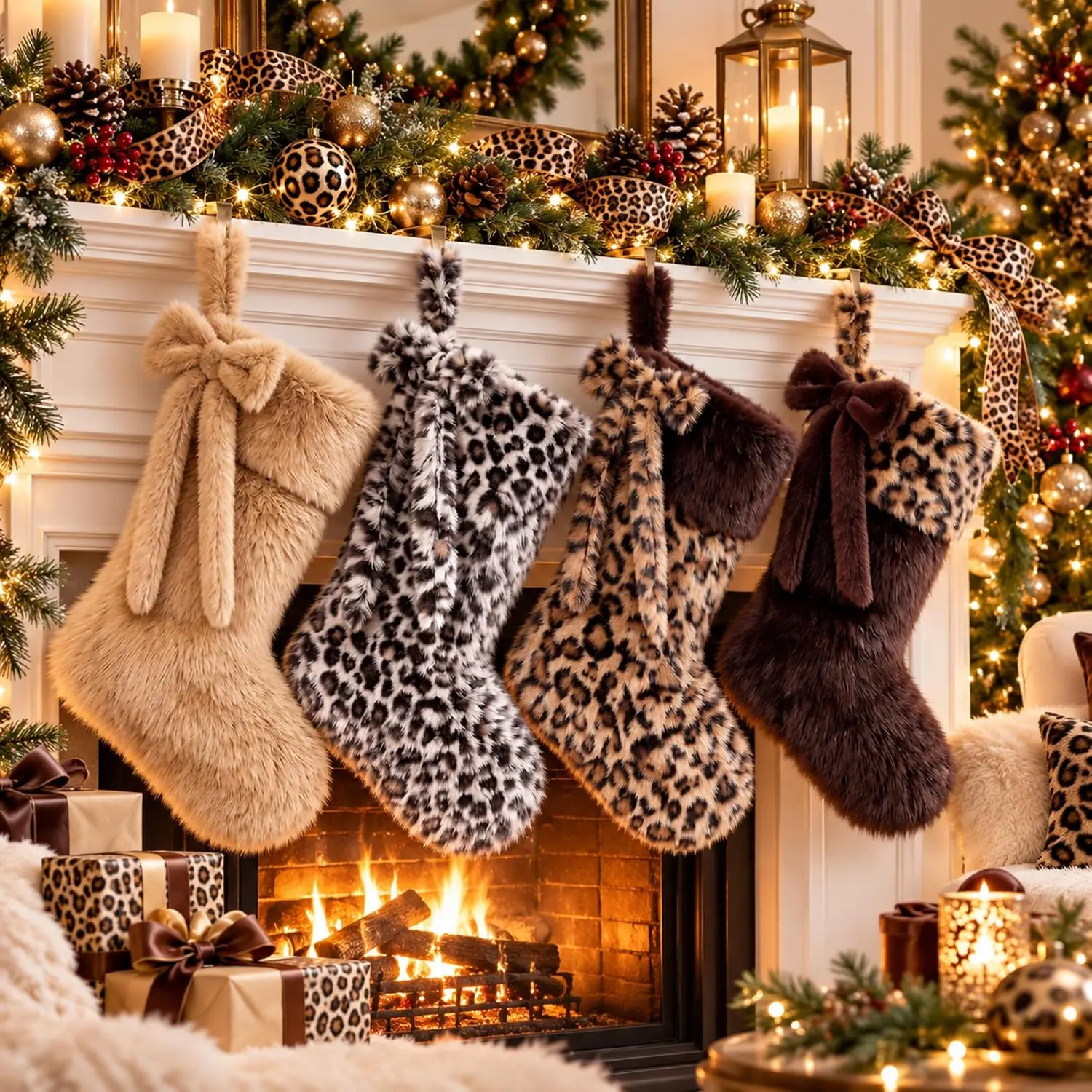 4 Pack 18 Inch Leopard Christmas Stockings with Bow, Luxury Faux Fur Plush Large Cheetah Christmas Stockings for Women, Leopard Print Hanging Ornaments for Xmas Tree Mantel Decorations, Holiday Gift