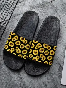 Women's Sunflower Print Slides, Casual Comfortable Home Slippers, Soft Non-slip Slippers for Indoor & Outdoor Wear