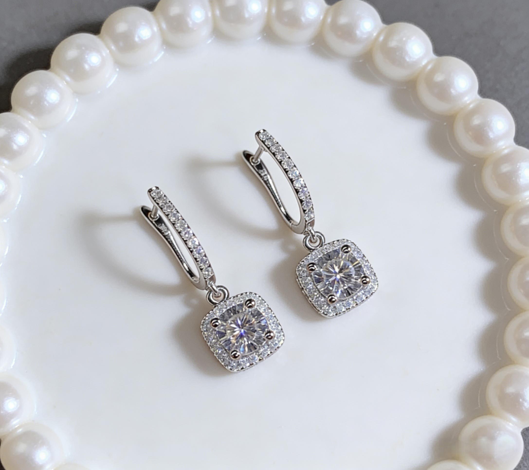 S925 silver plated cushion cut moissanite earrings, luxurious halo diamond earrings, skin-friendly design, hypoallergenic halo drop earrings, engagement and wedding jewelry for women, romantic gift for her