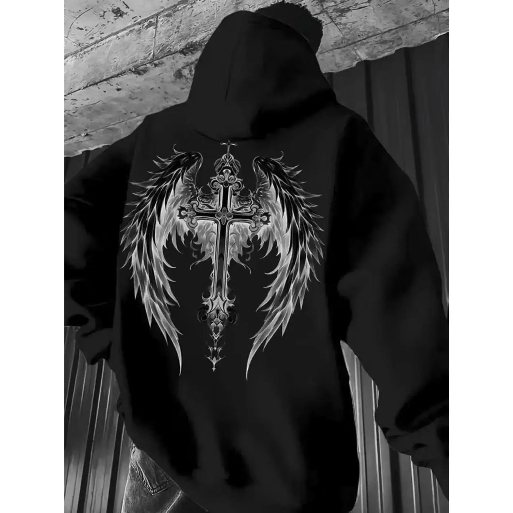 Men's Heavyweight Hoodie - Gothic Winged Cross Back Print Sweatshirt, All-Season Pullover Hoodie with Kangaroo Pocket & Drawstring Hood for Everyday Casual Wear (Machine Washable) - Black/Gray Graphic Streetwear, Essential Hoodie