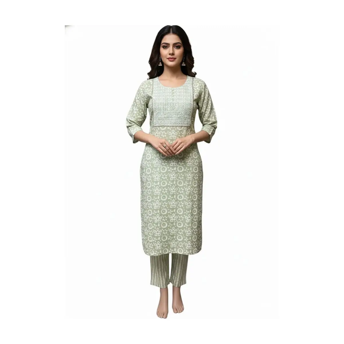 Sage Green Printed Kurta Set with Embroidered Yoke | 2‑Piece (Kurta + Pants) #SG-2PCS
