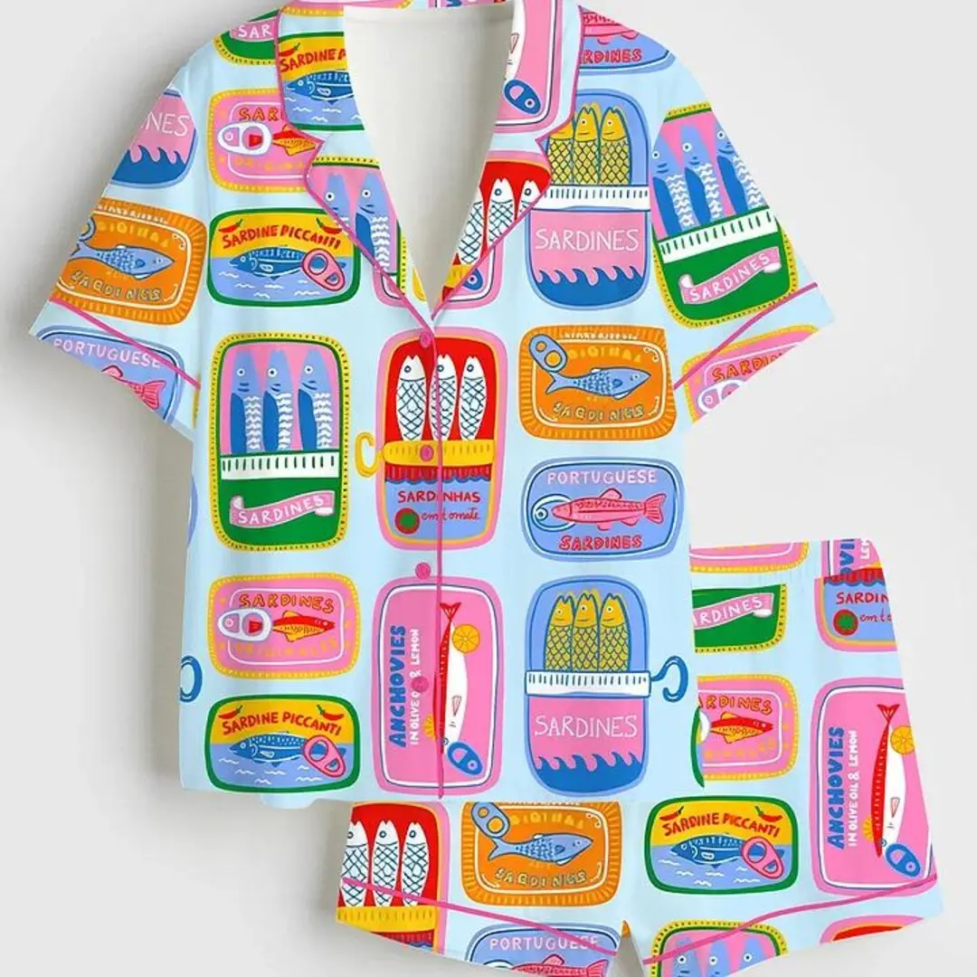 Colorful Sardine Satin Pajama Set, Mediterranean Fish Long Sleeve Sleepwear, Silky Foodie Gift PJs, Coastal Grandmother Loungewear